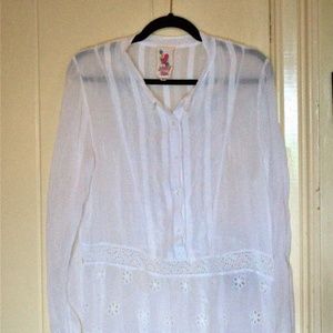 Johnny Was Cupro Rayon Embroidered, Drop Waist, Button Front White Tunic Top. M